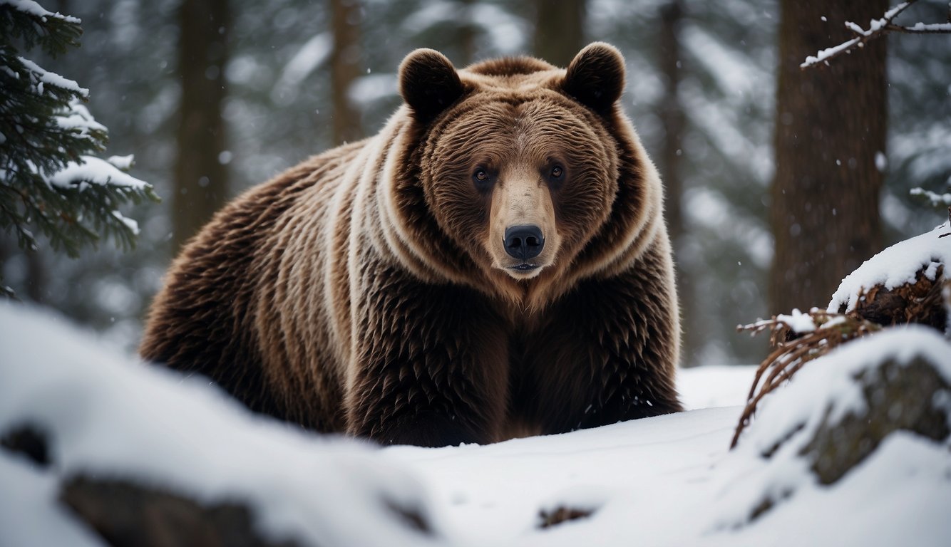 A bear emerges from a cozy den in a snowy forest, symbolizing the challenges and future of hibernation for mammals