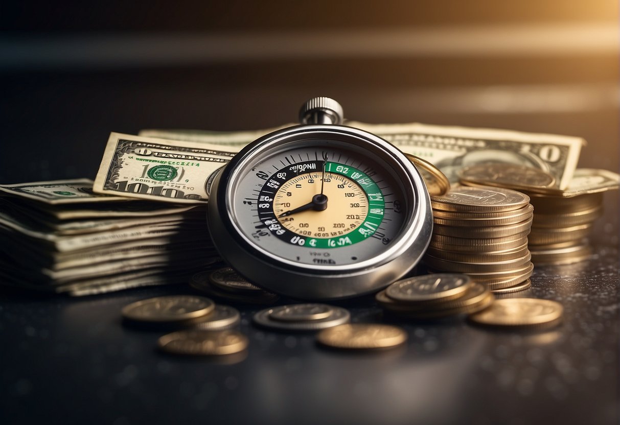 A stack of money and a speedometer with a needle pointing to "fast" symbolizing the benefits of fast loans