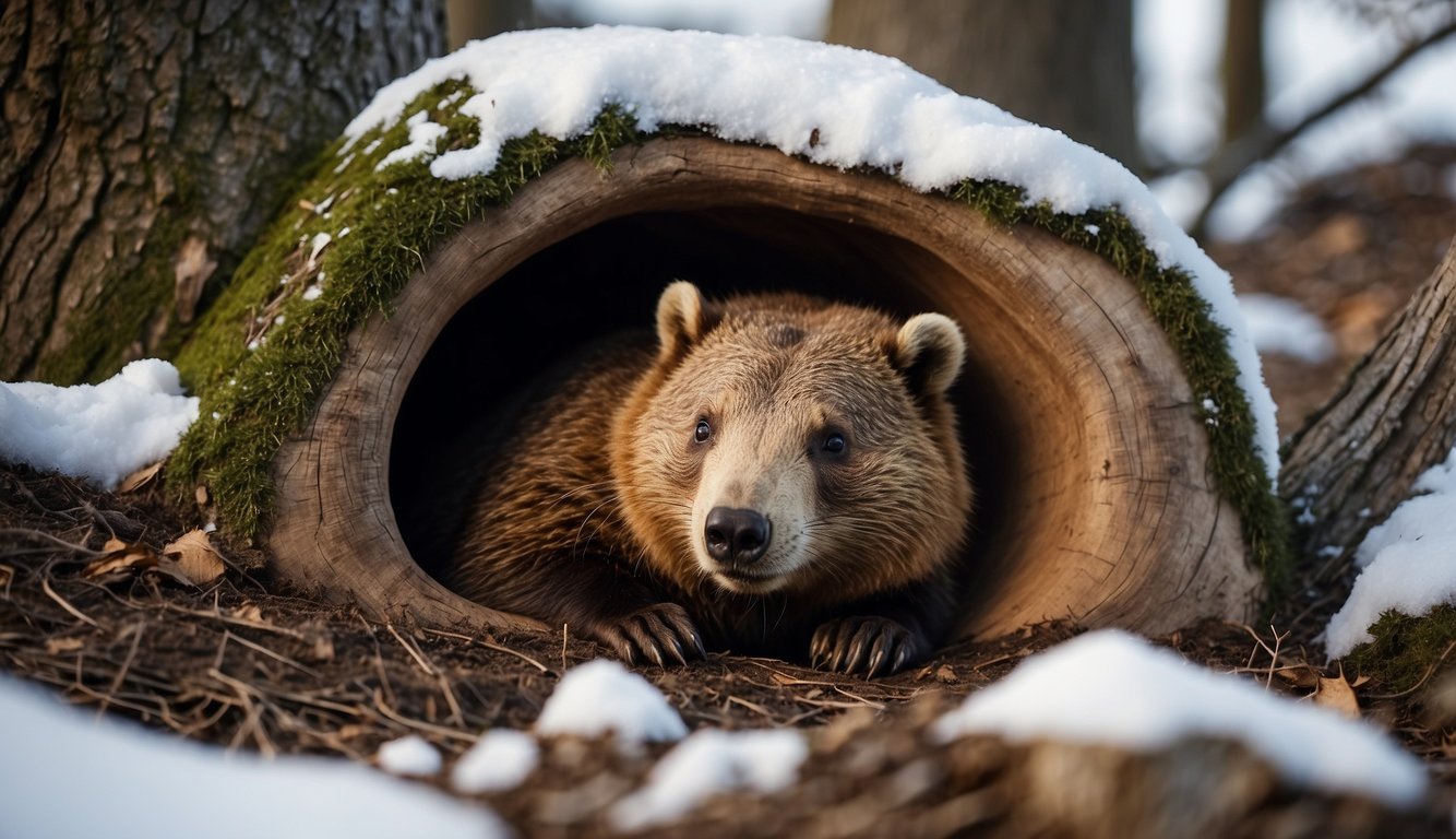 Mammals hibernating in winter: bear curled up in a cozy den, squirrel nestled in a tree hollow, and groundhog sleeping underground