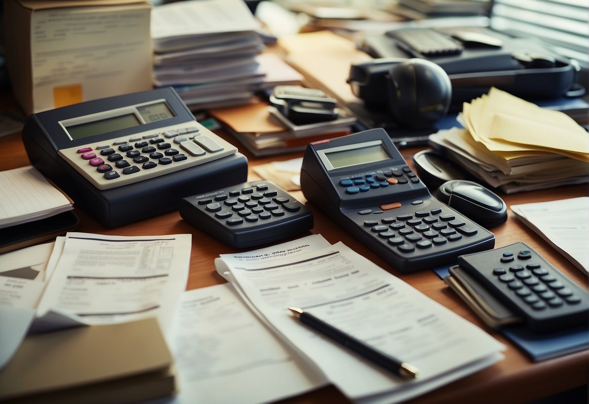A cluttered desk with paperwork and a calculator, representing the stress of fast loans and financial expenses