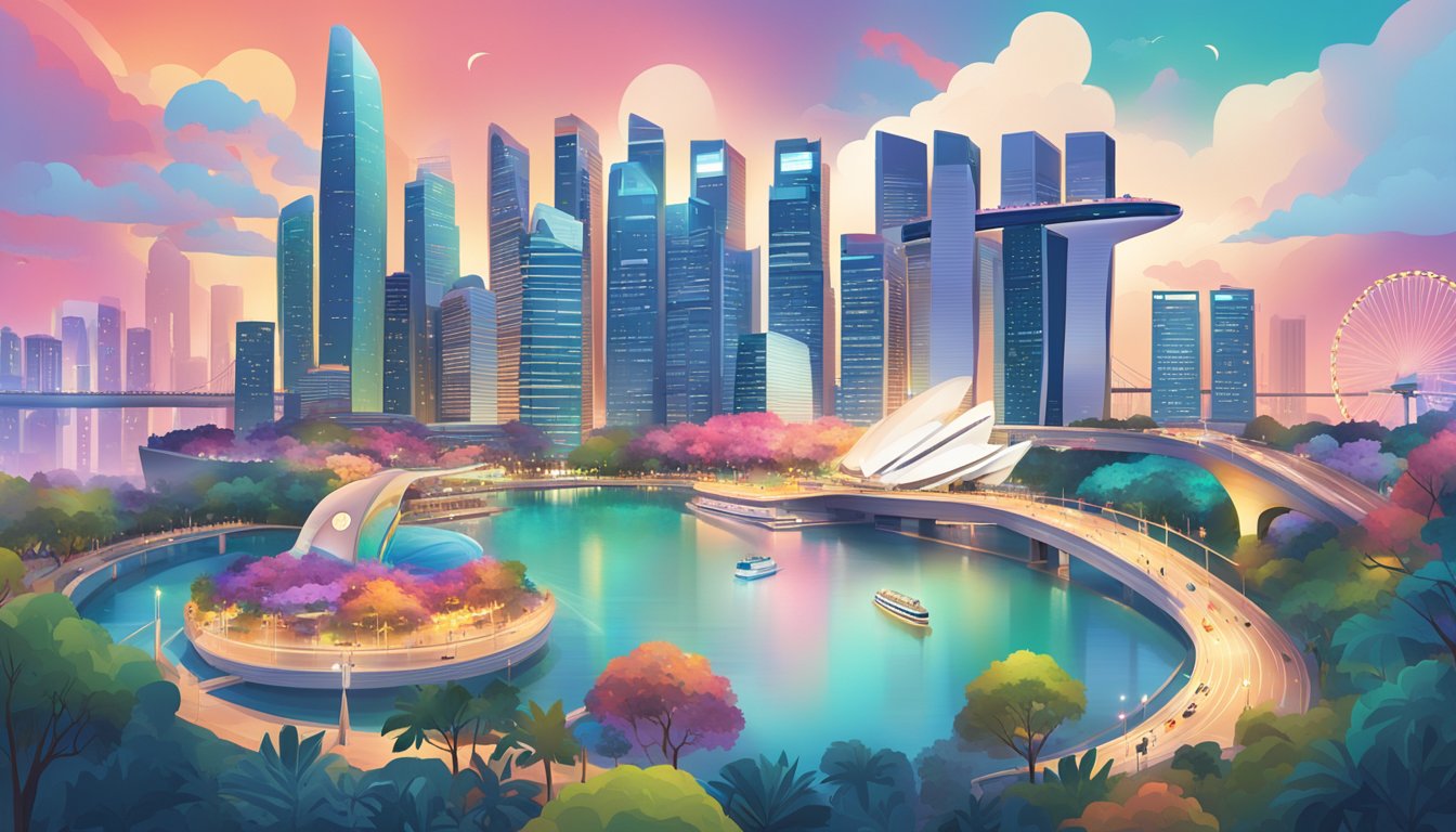 A vibrant cityscape with iconic Singapore landmarks in the background, featuring the logos of Endowus and StashAway prominently displayed in the foreground