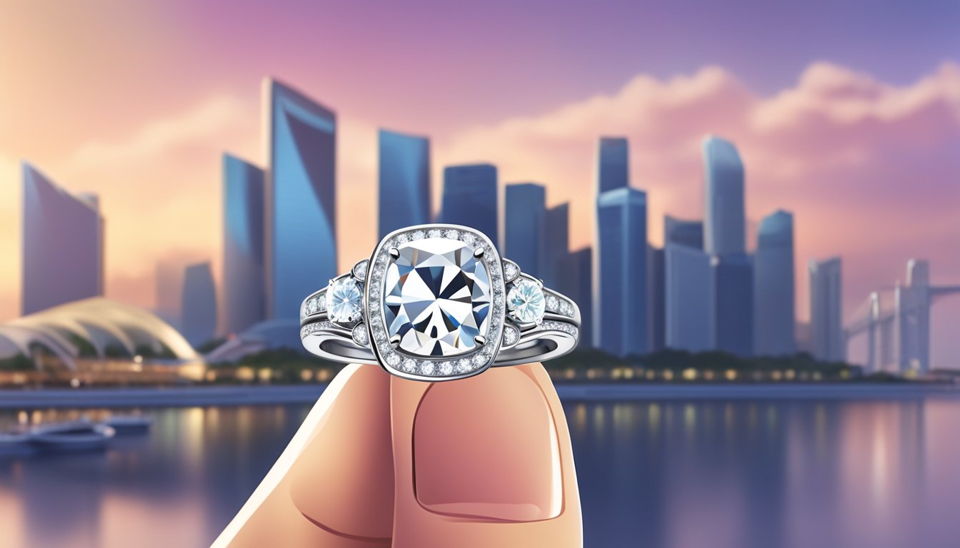 A hand reaching out, showcasing a sparkling engagement ring on the ring finger, set against the iconic skyline of Singapore