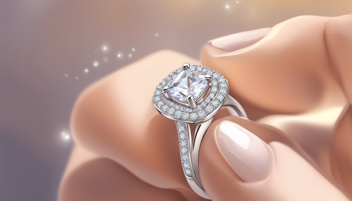 A glittering engagement ring placed on the ring finger, symbolizing love and commitment. A soft, romantic background sets the mood for the special moment