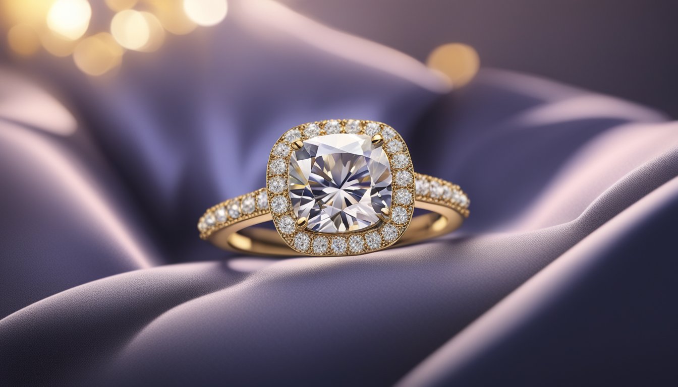 A sparkling diamond ring displayed on a velvet cushion, surrounded by soft lighting and elegant decor
