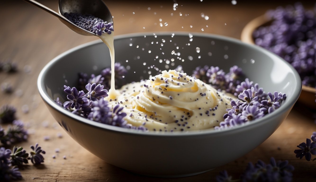 Lavender flowers being sprinkled into a mixing bowl of batter for baking