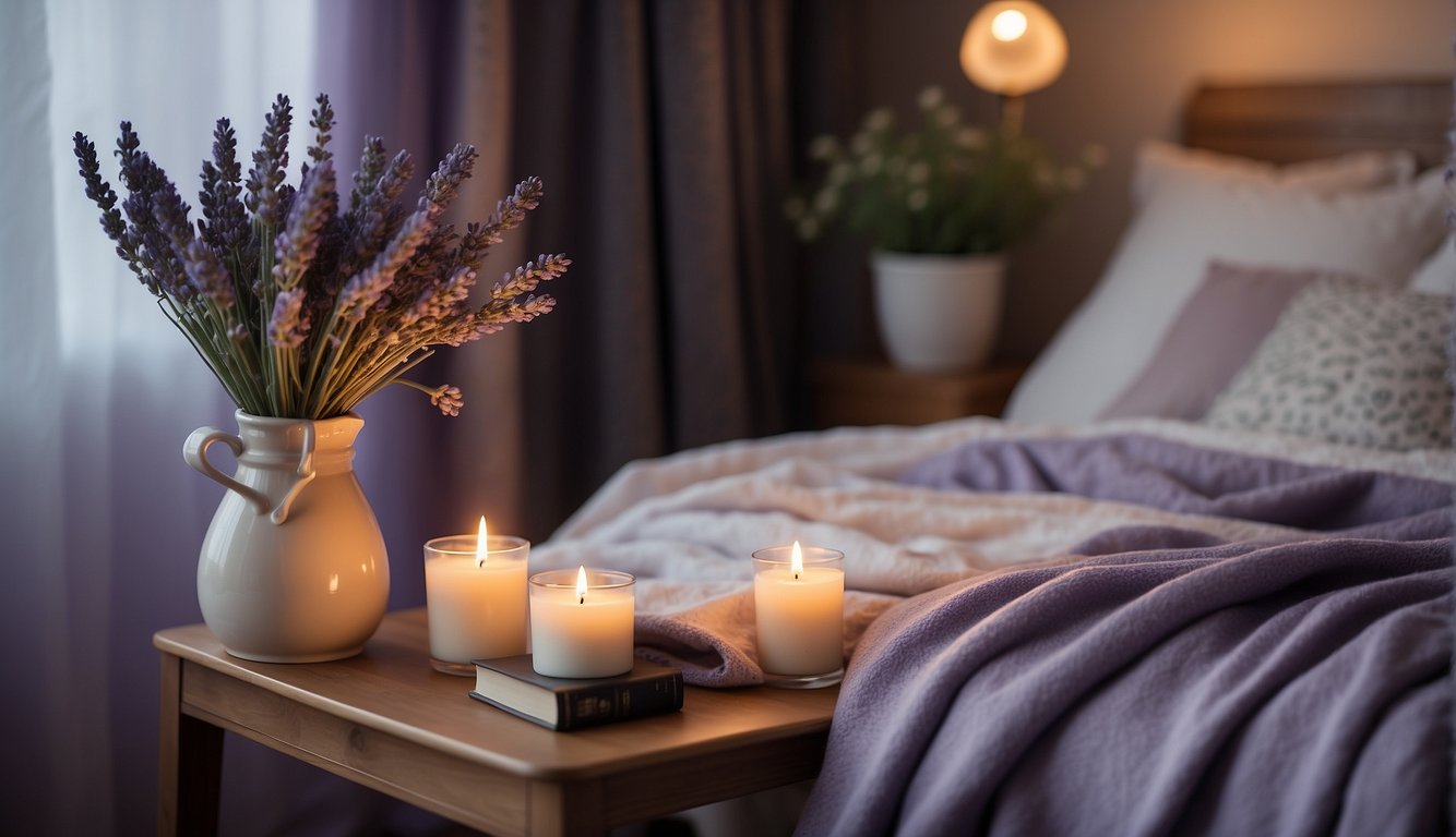 A cozy bedroom with a vase of lavender flowers on a nightstand, a lavender-scented candle burning, and a soft, pastel-colored throw blanket draped over a chair