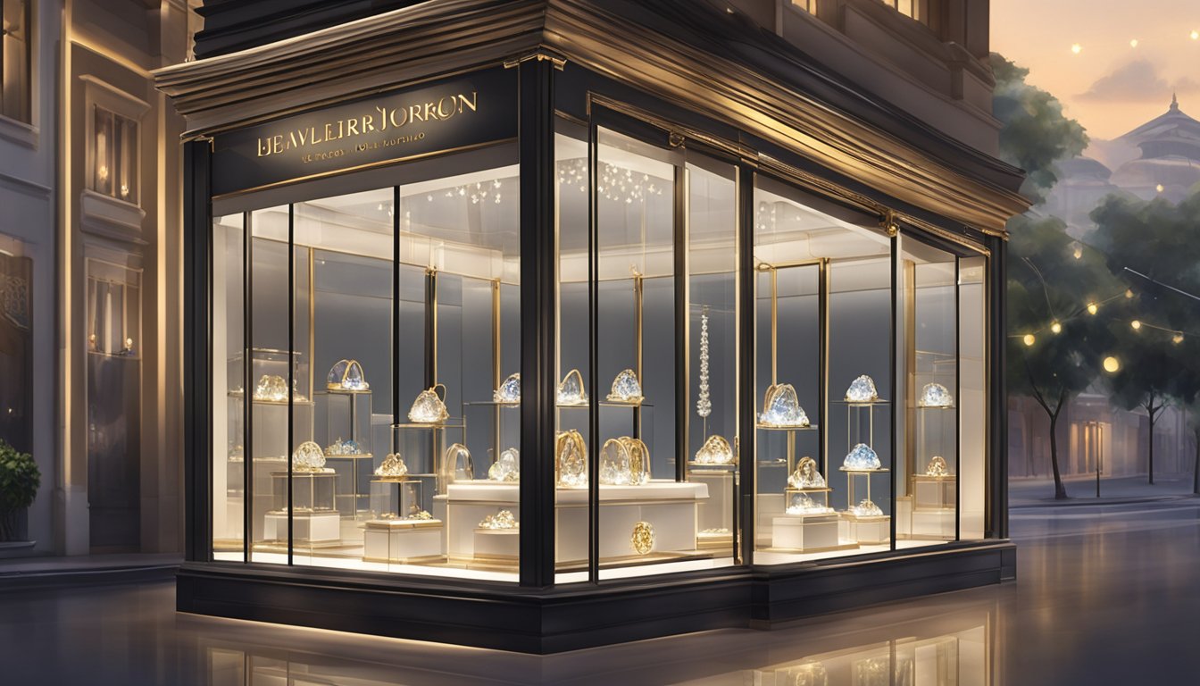 A jewelry store in Singapore displays a variety of engagement rings in a glass case, with soft lighting enhancing the sparkle of the diamonds