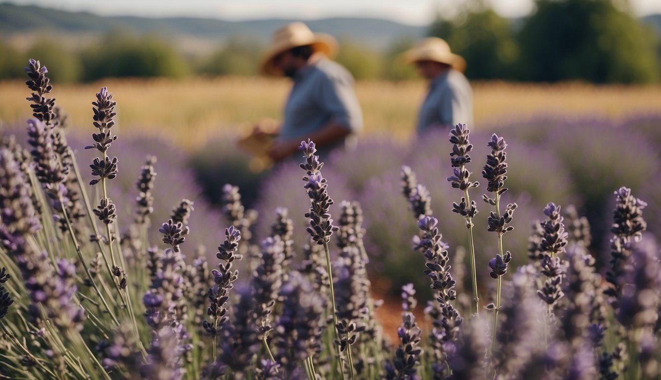 Lavender flowers being harvested and dried for culinary, medicinal, and aromatherapy purposes. Bees pollinating the fields, and farmers tending to the plants