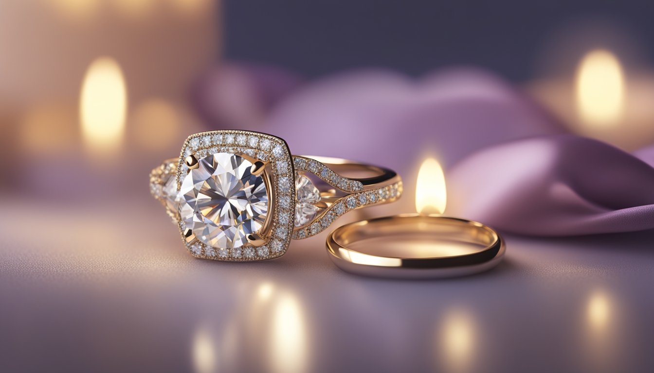 A sparkling engagement ring rests on a velvet ring box against a backdrop of soft candlelight