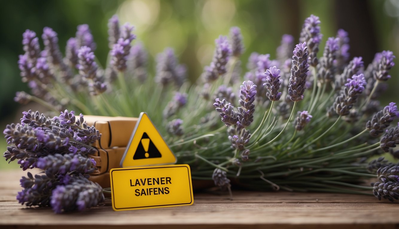Lavender flowers arranged with safety goggles, gloves, and caution sign