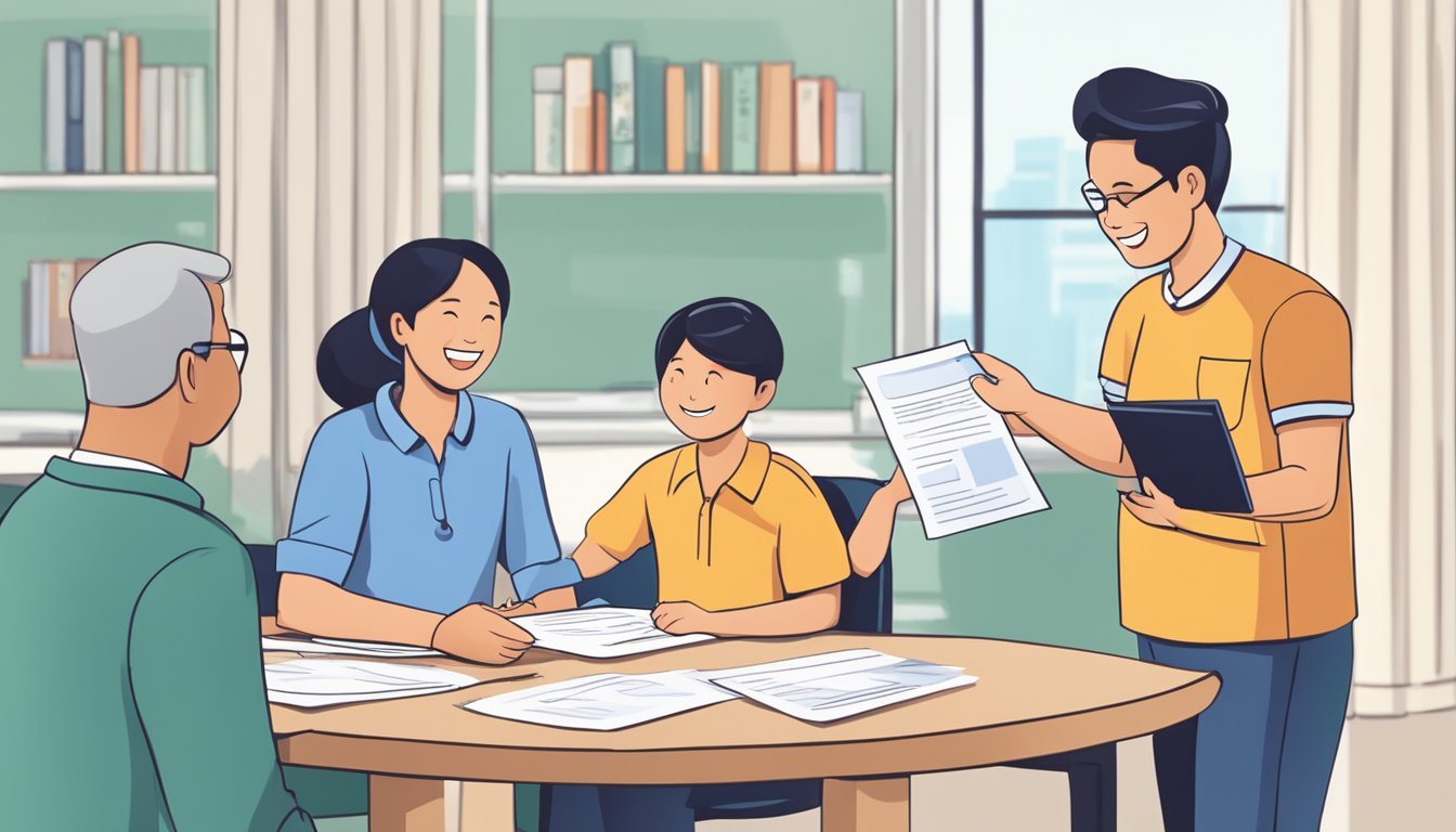 A family receiving a letter of approval for their housing grant in Singapore, with a smiling representative from the housing authority handing them the document