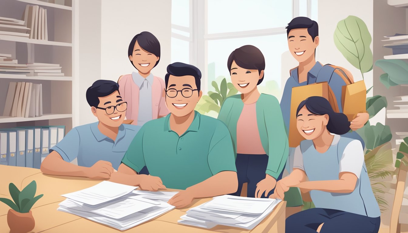 A family receiving additional housing grants in Singapore, surrounded by housing-related documents and smiling faces