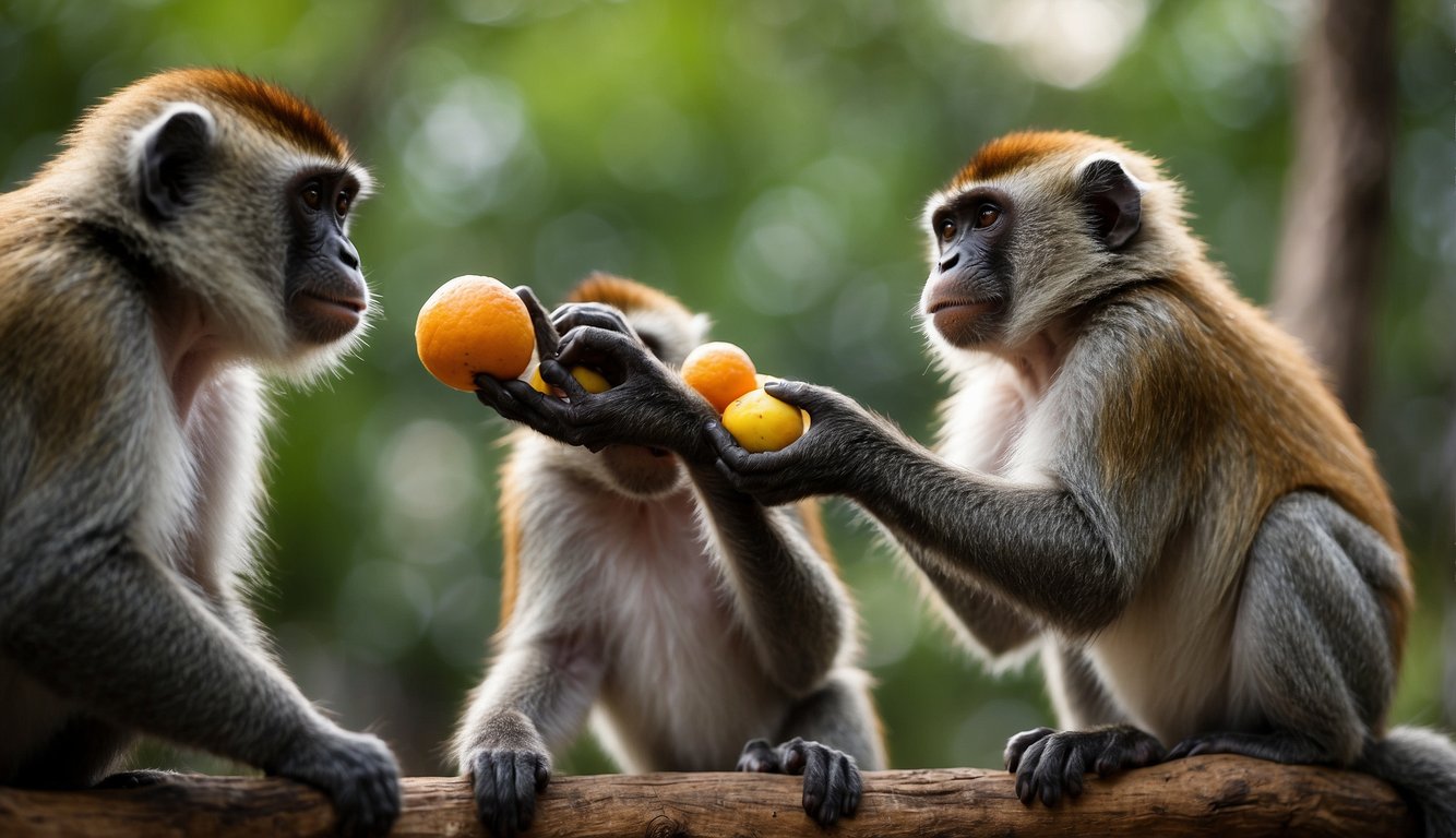 Primates reaching for fruit with their opposable thumbs