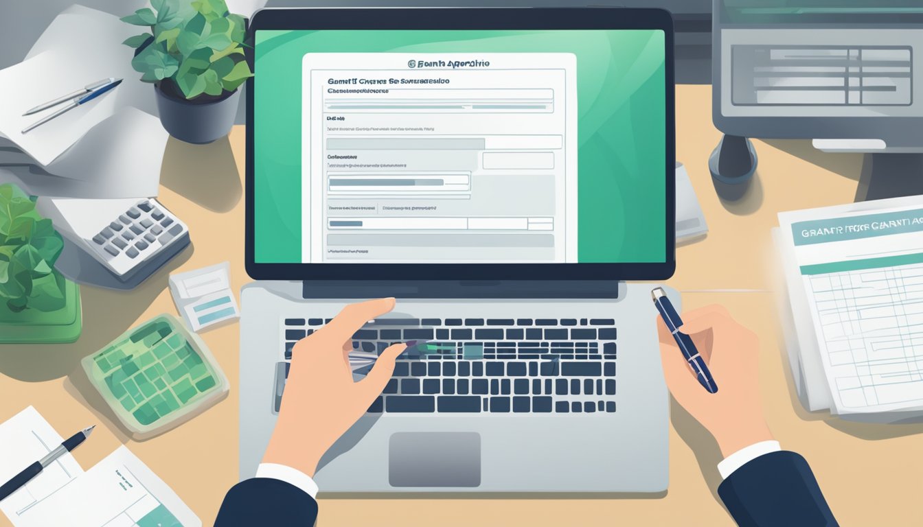 A hand holding a pen fills out a CPF grant application form, with a computer in the background displaying the procedures for enhanced grants in Singapore