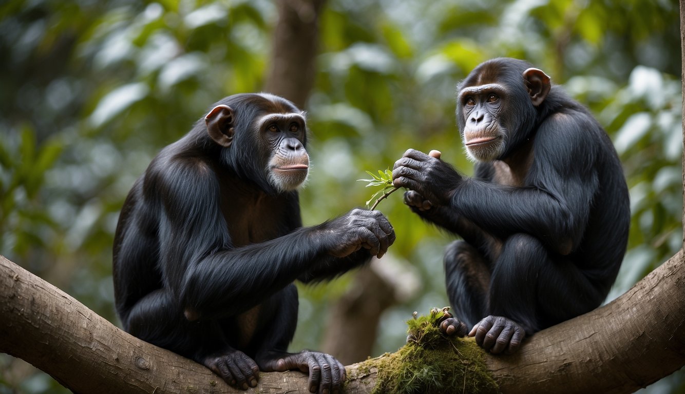 A chimpanzee grasps a branch with its opposable thumb, while a lemur and a gorilla are depicted nearby, each demonstrating their own use of the unique primate trait