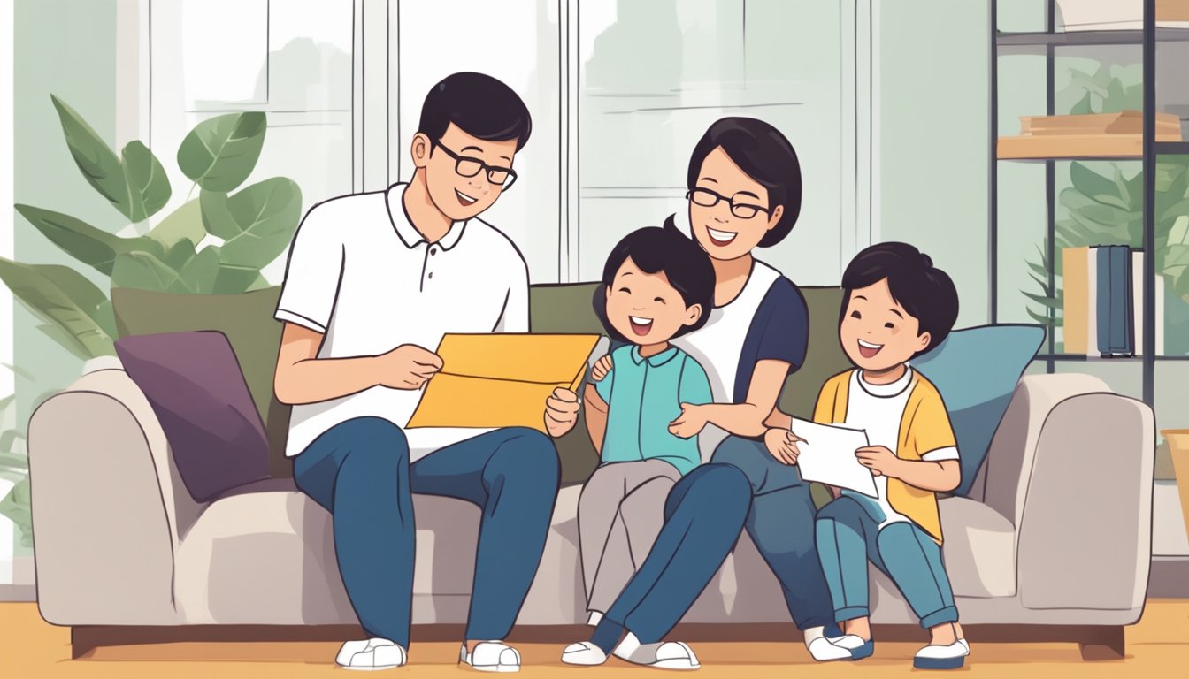 A family happily receives a letter announcing their approval for the enhanced CPF Housing Grant in their newly purchased home in Singapore