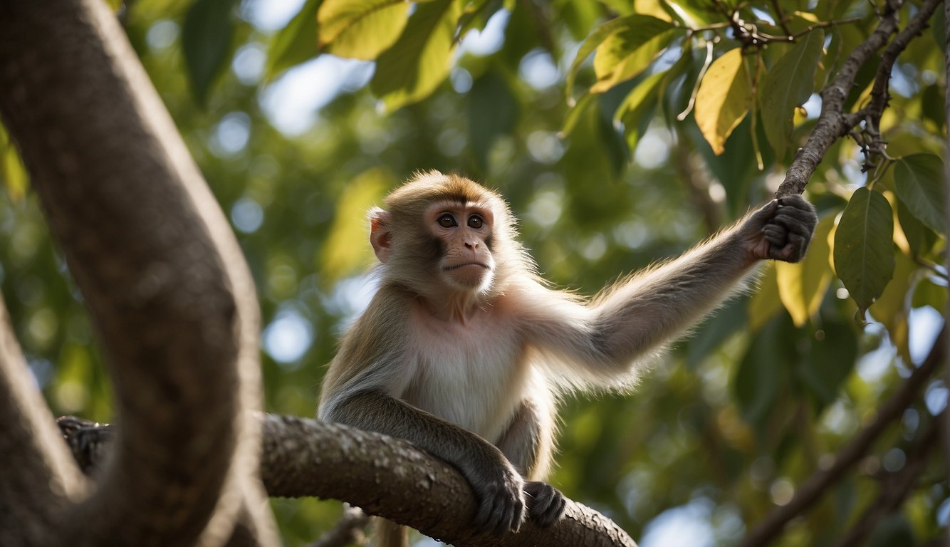 A monkey grips a tree branch with its opposable thumb, reaching for fruit.

Nearby, other primates use their thumbs to manipulate tools and gather food