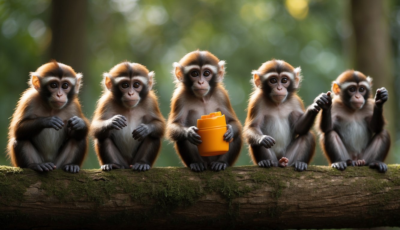 A group of primates with various hand shapes, interacting with objects and tools, demonstrating the use of opposable thumbs in their natural environment