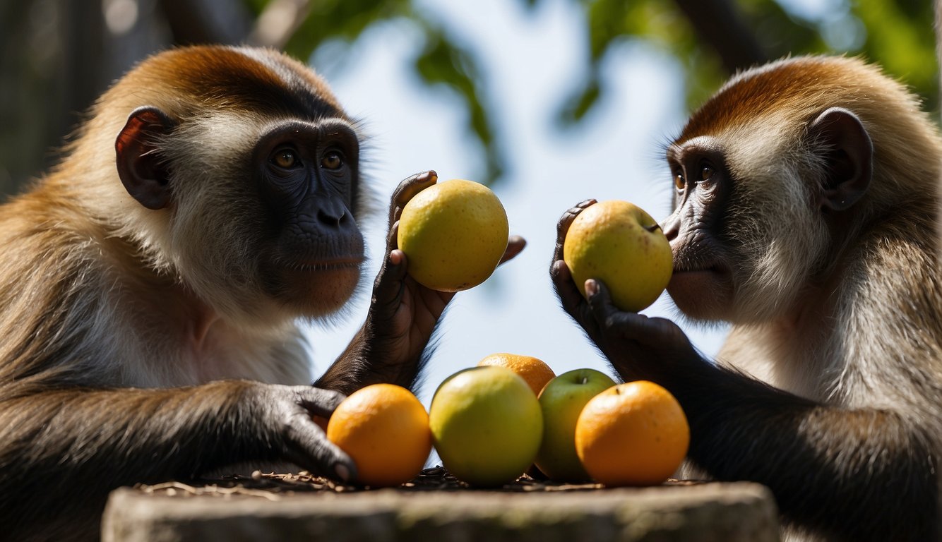 Primates reach for fruit with their opposable thumbs, showing their evolutionary advantage in grasping objects