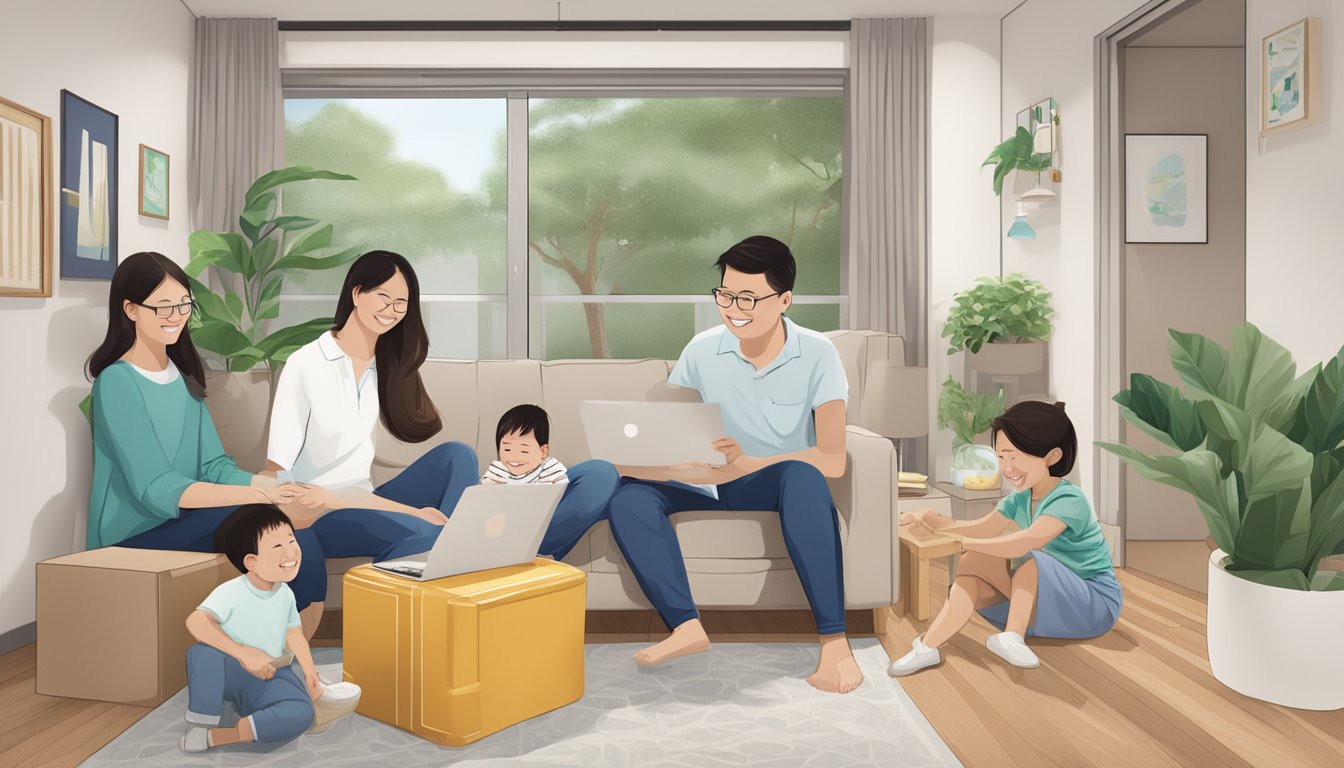 A family happily settles into their newly upgraded CPF housing in Singapore, enjoying the benefits of the enhanced housing grant for long-term considerations