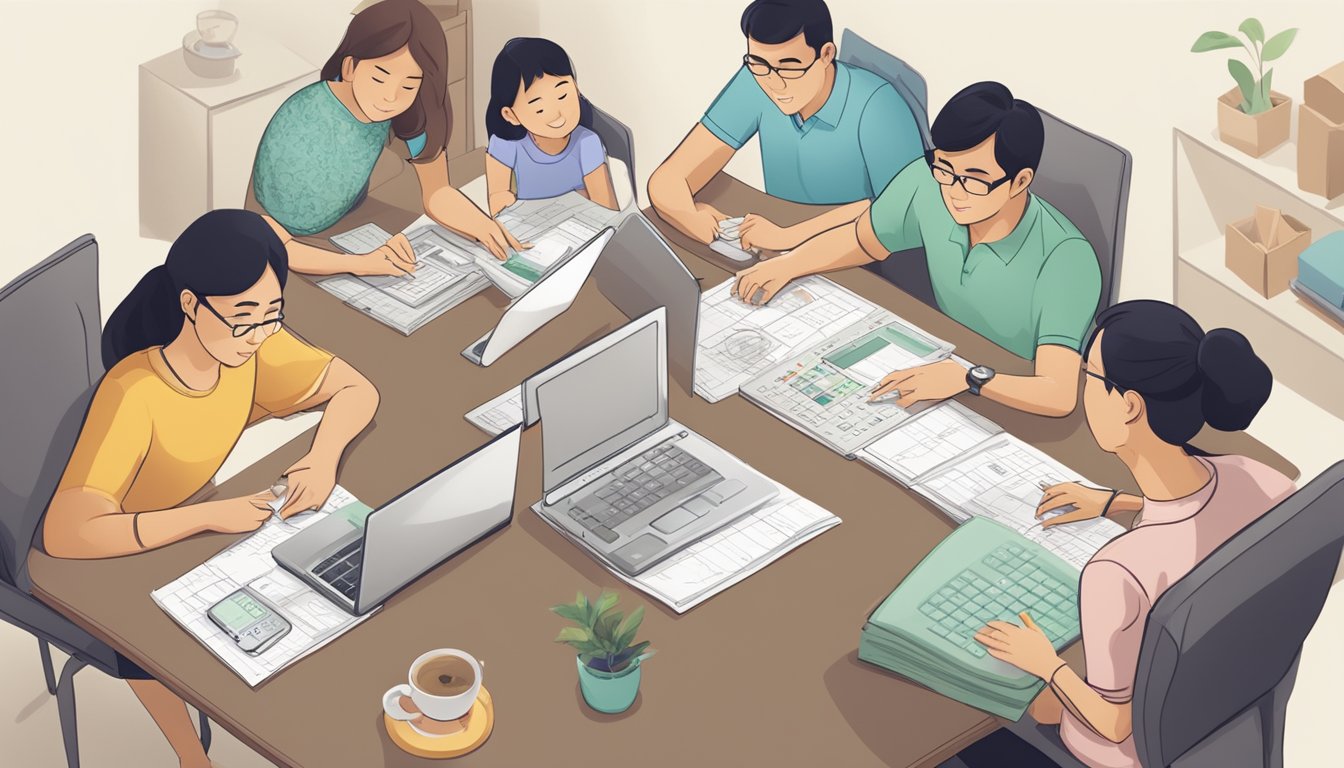 A family sitting around a table, using a laptop and calculator to calculate their CPF housing grant in Singapore