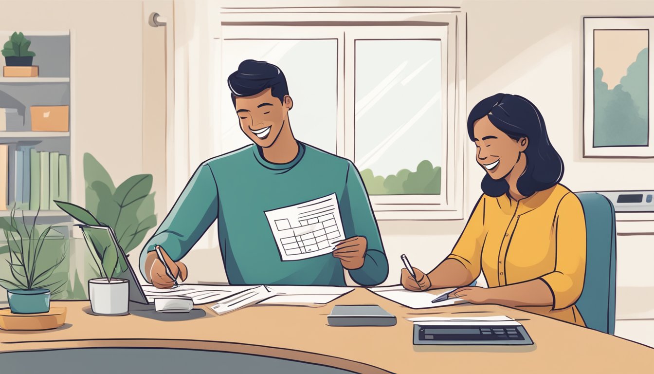 A couple happily receiving a letter with "Enhanced CPF Housing Grant" written on it, while a calculator displays the amount of grant they are eligible for