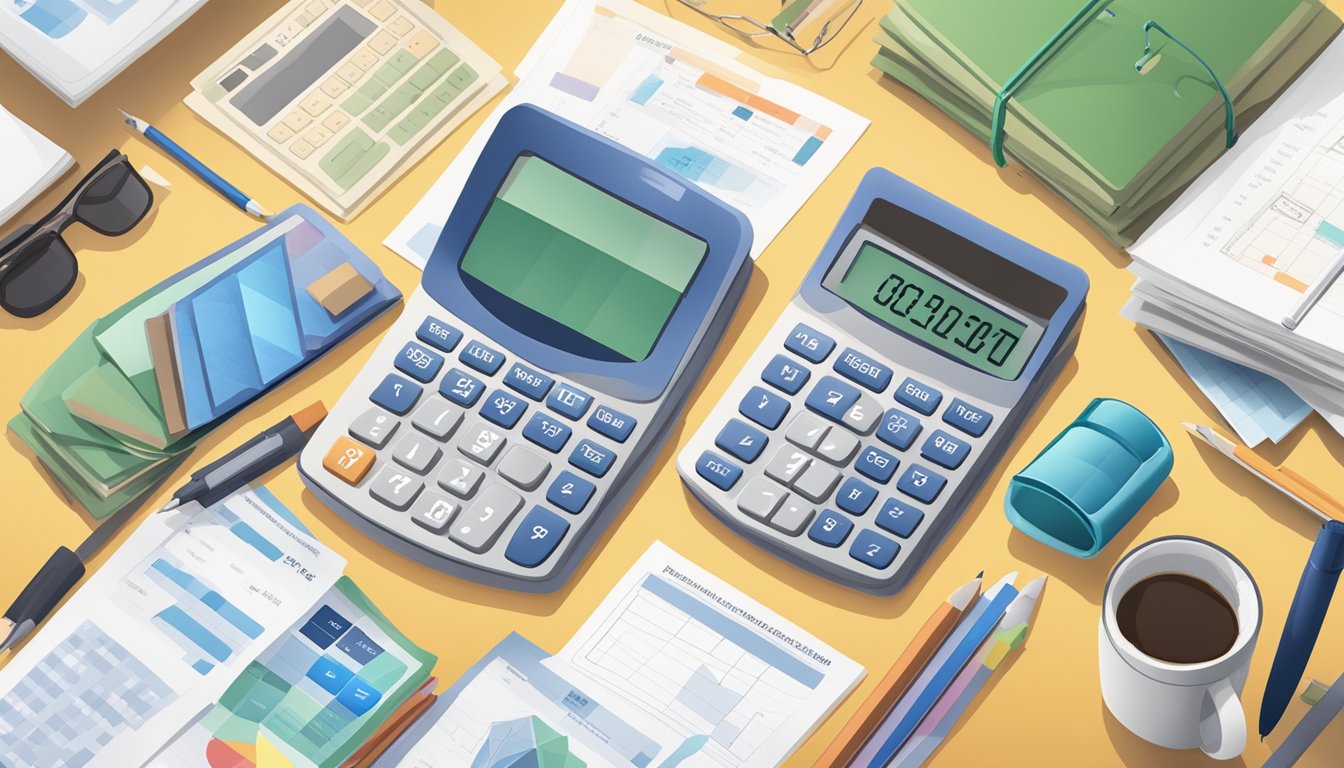 A calculator displaying enhanced CPF housing grant for Singapore home buyers, surrounded by financial planning tools and documents
