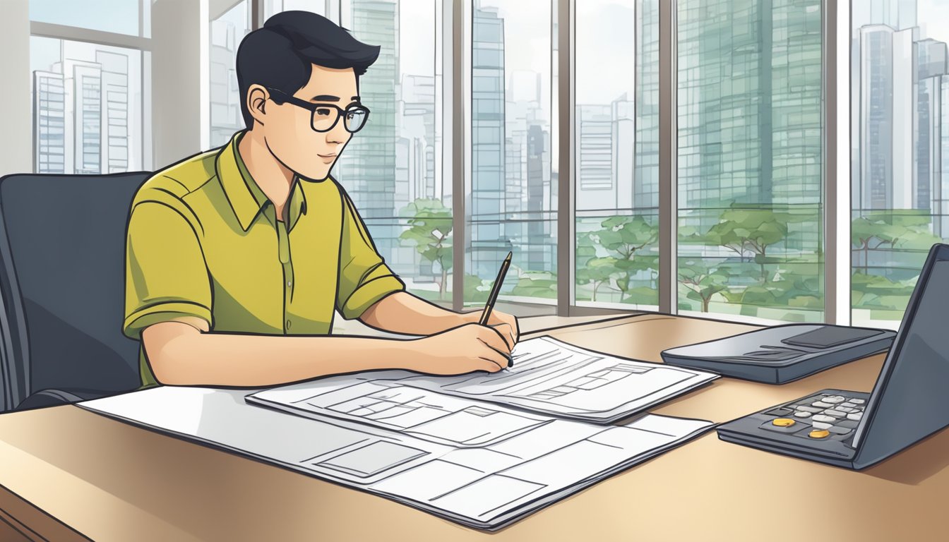 A person fills out an application form while using a CPF housing grant calculator in Singapore