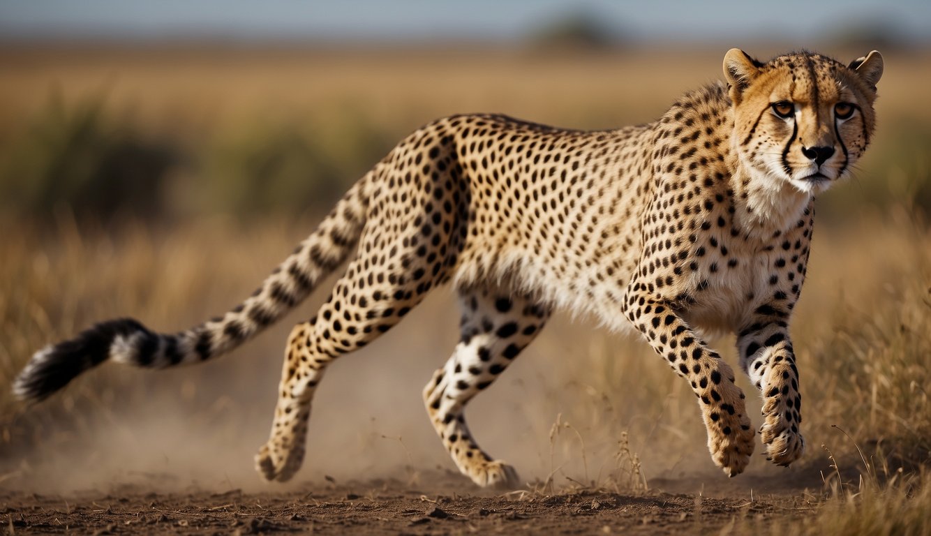 Cheetah sprinting across the savanna, chasing down prey with its streamlined body and powerful legs
