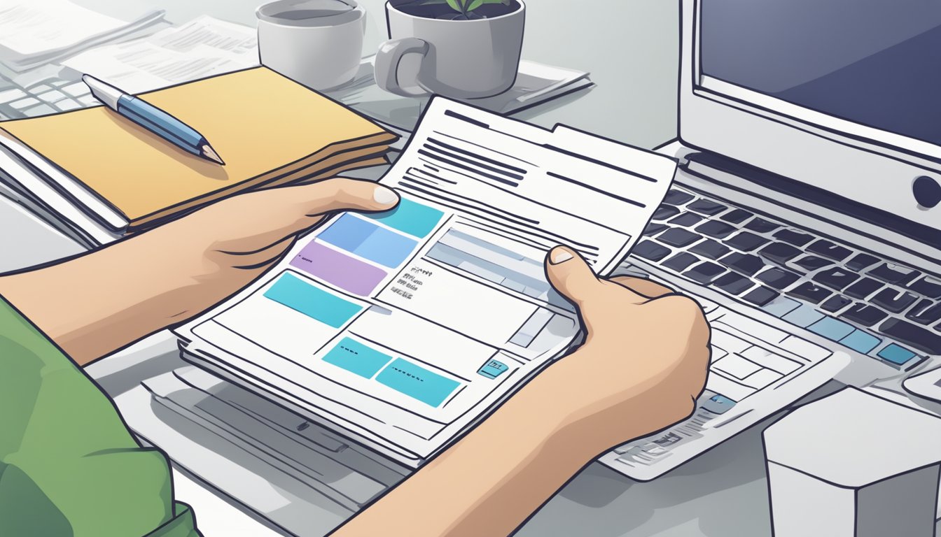 A person submitting CPF housing grant application with enhanced EHG in Singapore. Documents, forms, and computer visible