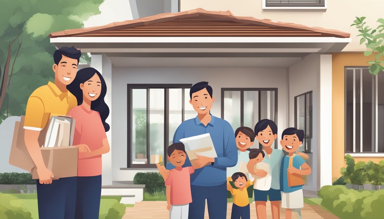 A family happily receives CPF Housing Grant EHG in Singapore. They review FAQs and feel grateful for the enhanced support