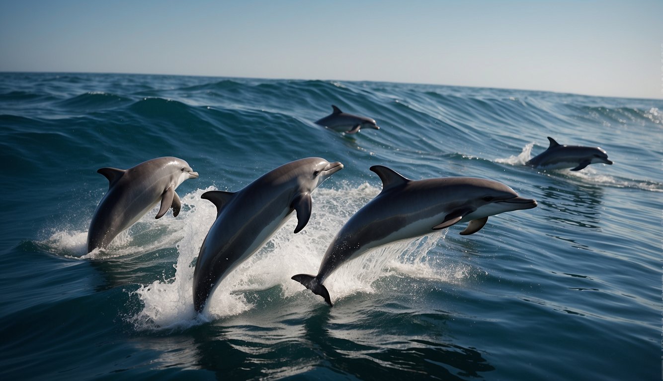 A pod of sleek dolphins races through the ocean, their streamlined bodies cutting through the water with effortless speed