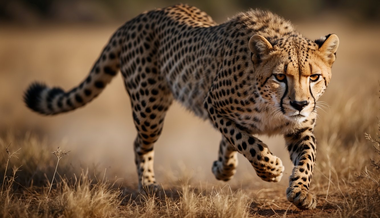 A cheetah sprints across the savanna, its sleek body and powerful muscles propelling it forward at incredible speeds.

Its streamlined form and focused gaze convey the essence of speed and agility