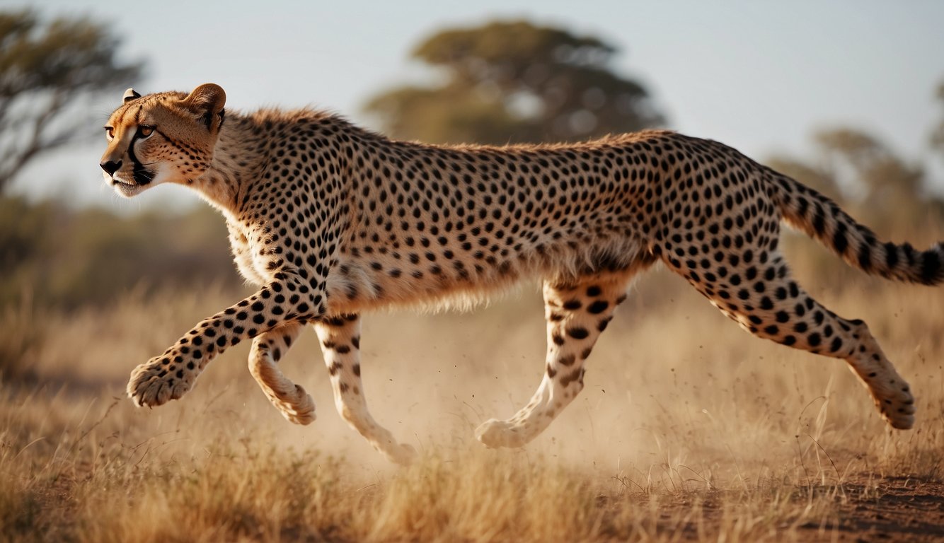 A cheetah sprints across the savanna, its sleek body cutting through the air as it chases down its prey.

Its powerful muscles propel it forward, leaving a trail of dust in its wake