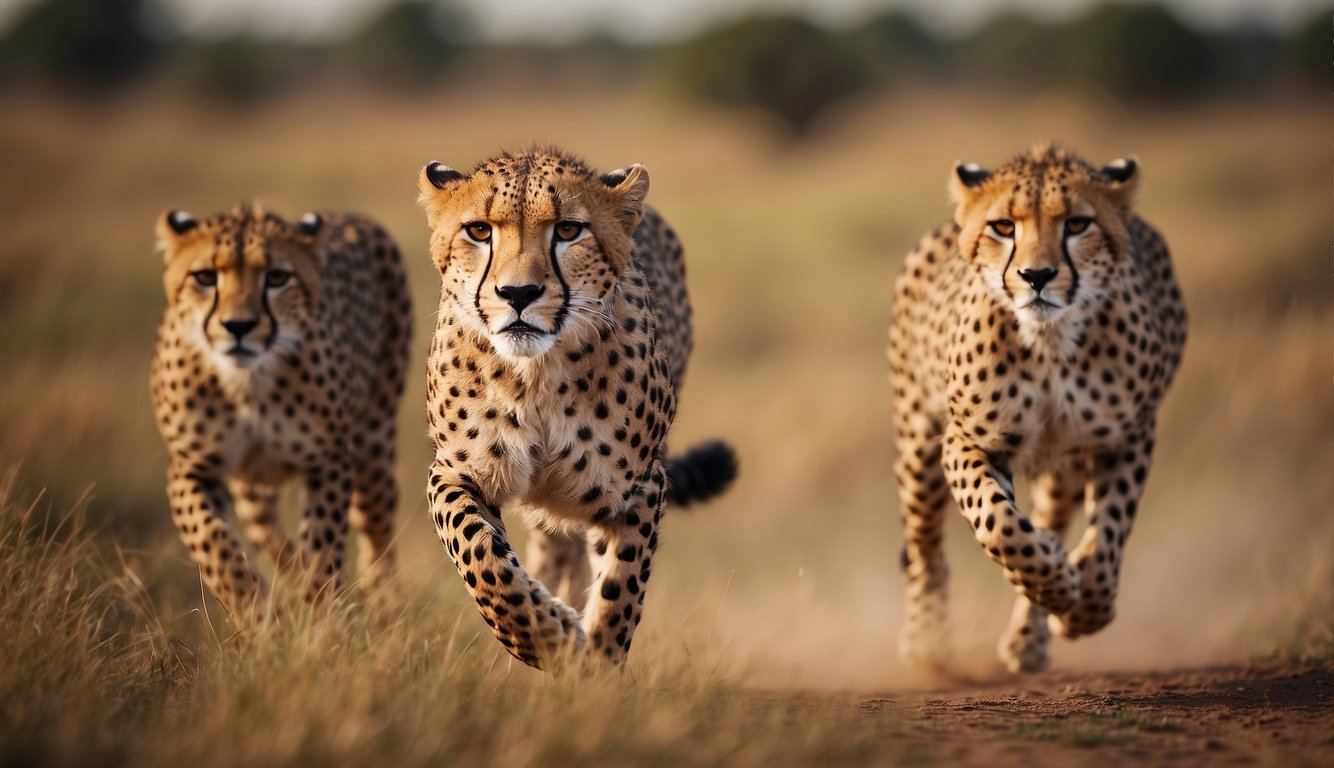 Cheetahs sprint across the savanna, known for their speed due to long, powerful legs and streamlined bodies
