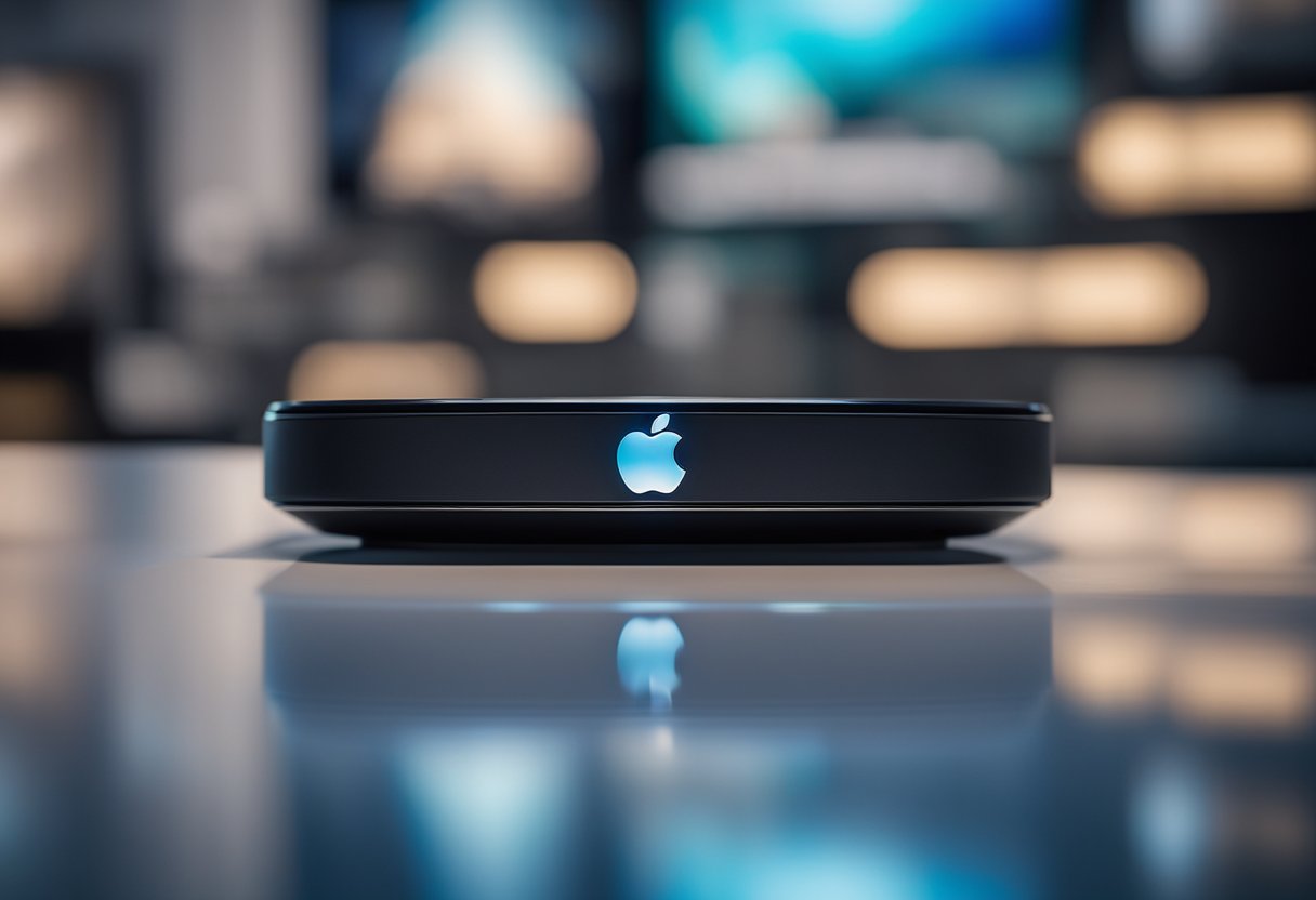 The Apple Vision Pro device is displayed on a sleek, futuristic table, surrounded by holographic projections of advanced technological features and capabilities