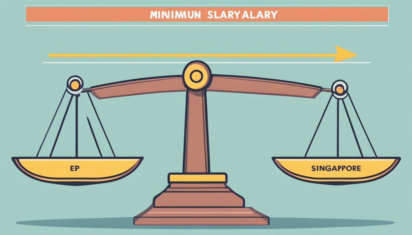 A scale with "EP minimum salary" on one side and "Singapore" on the other, with a clear arrow pointing towards the minimum salary requirement