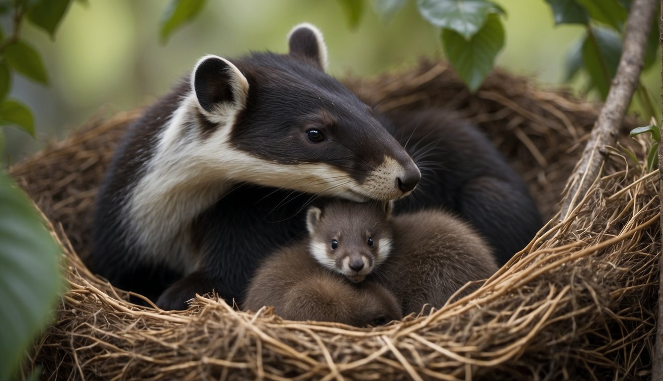 A mother mammal tenderly grooming her young, providing warmth and protection in a cozy nest or den