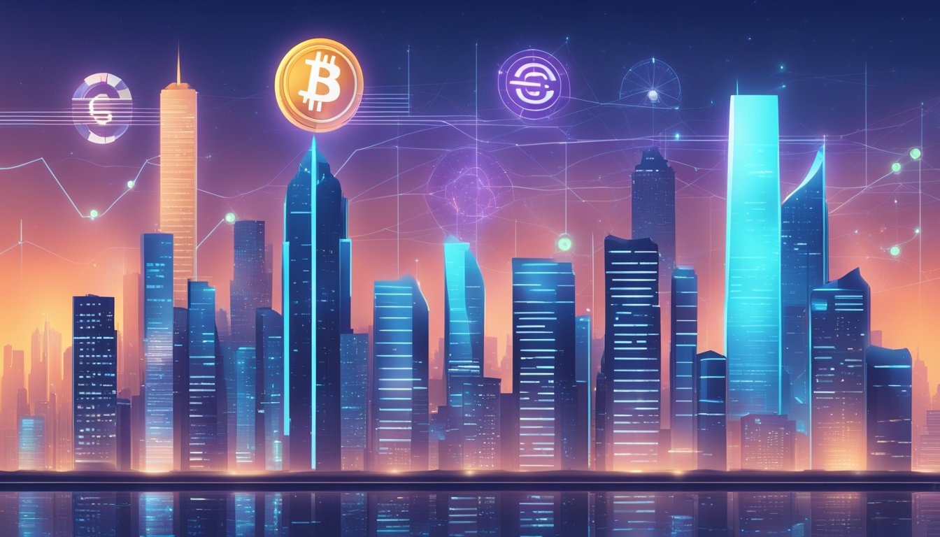 A futuristic city skyline with digital currency symbols and economic graphs projected onto buildings