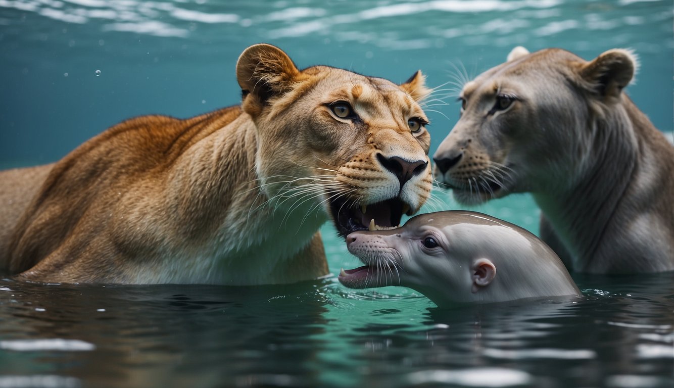 Mammals care for young in various ways: a lioness nuzzles her cubs, a monkey carries her baby on her back, and a dolphin swims alongside her calf