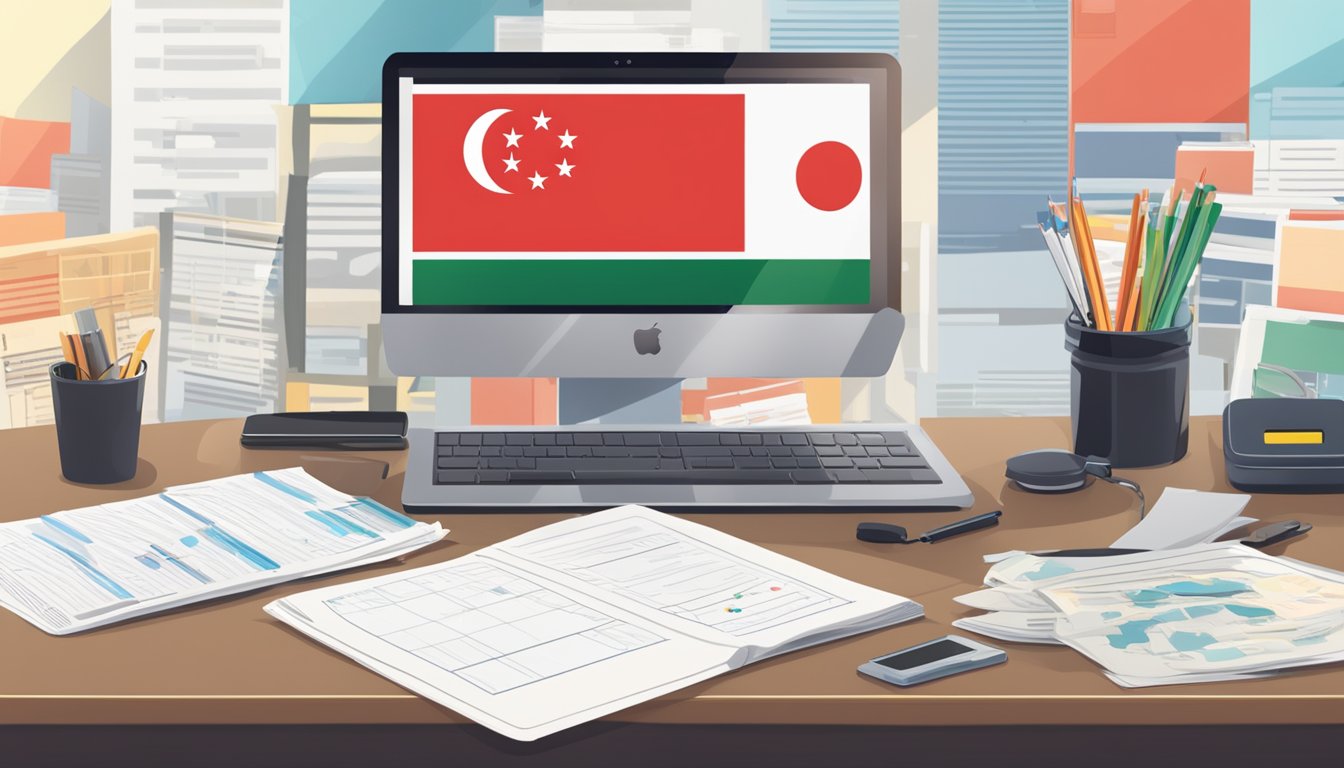 A desk with a laptop, official documents, and a calculator. A Singapore flag in the background. Salary figures displayed prominently