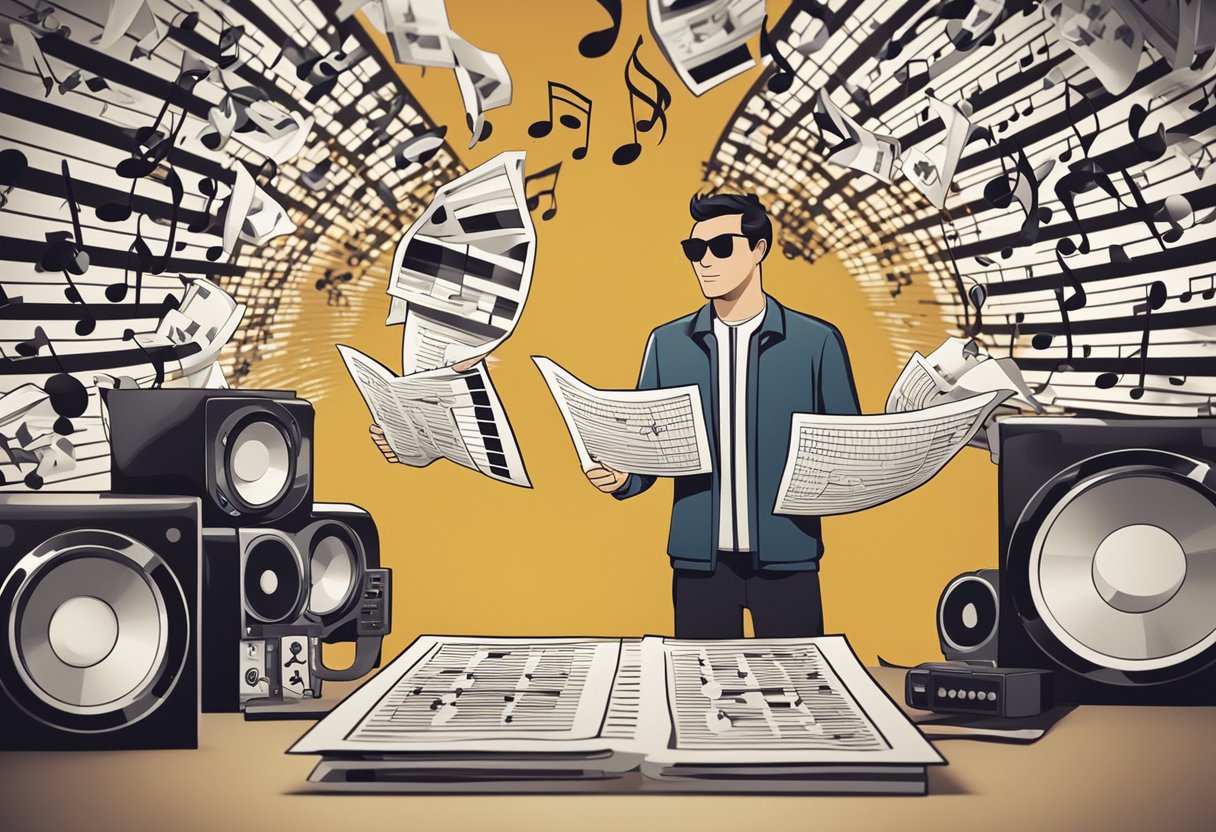 A person holding a contract with music notes and dollar signs floating around them, while a beat maker looks on with a nod of approval