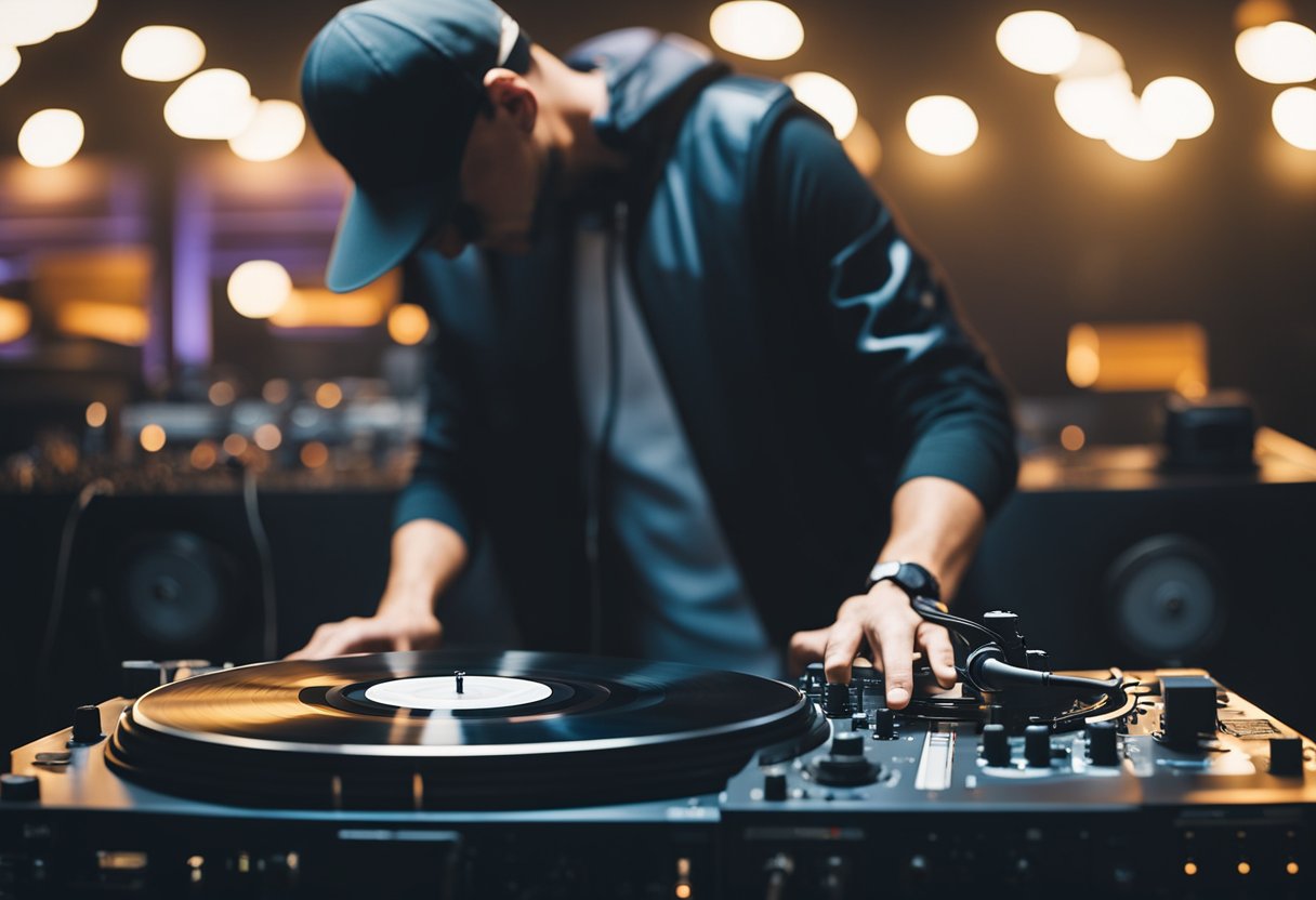 A DJ carefully selects vinyl records, searching for the perfect beats to create a new rap track