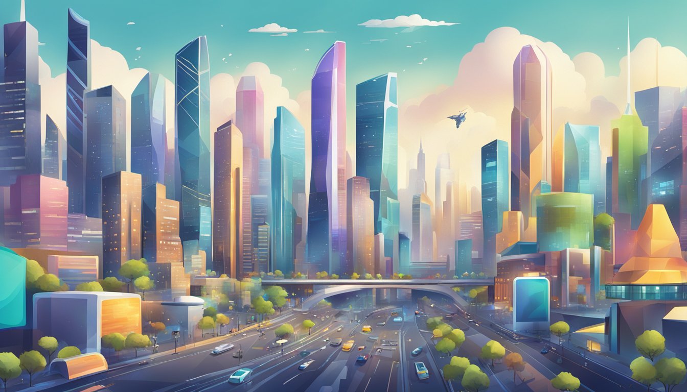 A bustling city skyline with futuristic buildings and economic symbols