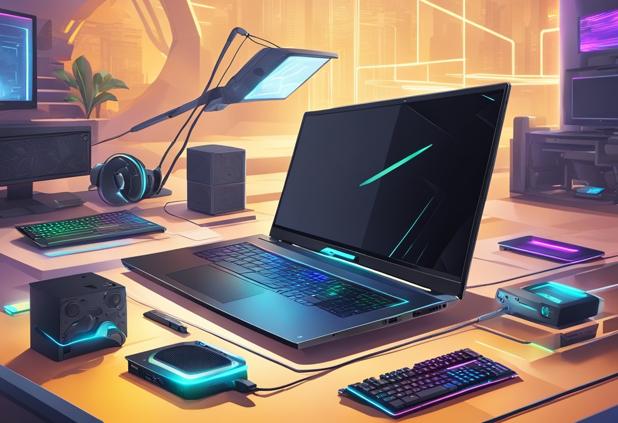 A gaming laptop with an SSD, displaying fast loading times and smooth gameplay, surrounded by gaming peripherals and a futuristic backdrop