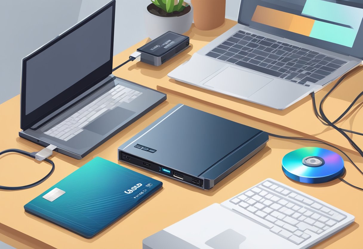 An SSD connected to a laptop via a USB cable, with a small portable hard drive next to it. The laptop and hard drive are on a desk in a well-lit room