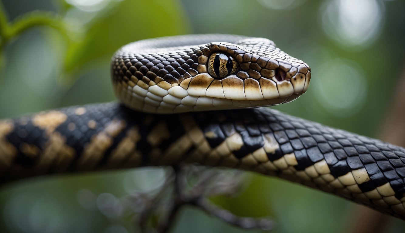 A snake coiled around a branch, its skin appearing dull and cloudy as it prepares to shed.

The snake's eyes are milky and opaque, indicating the upcoming shedding process
