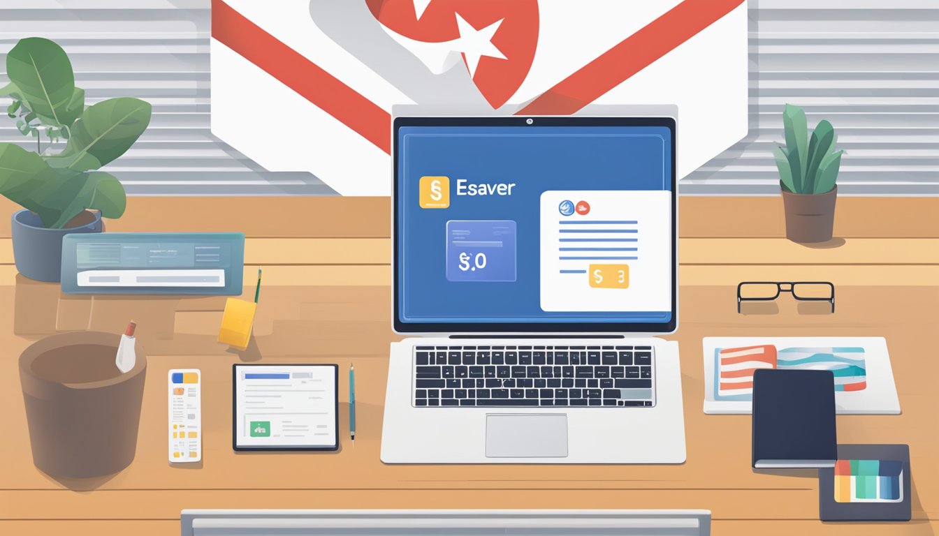 A computer screen with "Eligibility and Account Activation" displayed, alongside a Singaporean flag and a minimum balance sign for esaver