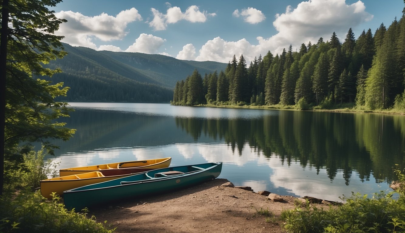 A serene lake surrounded by lush greenery, with a cozy campsite nestled by the water's edge. Canoes and kayaks are docked nearby, ready for adventure