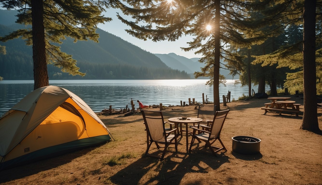A campsite by Lake Merwin with tents, campfire, and people fishing and kayaking on the water. Trees and mountains in the background